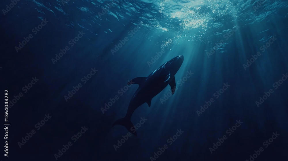 Fototapeta premium megalodon, shark, swimming, ocean, deep, water, marine, predator, wildlife, aquatic, nature, silhouette, streamlined, graceful, contrast, sea, animal, prehistoric, powerful, hunting, ecosystem, biolog
