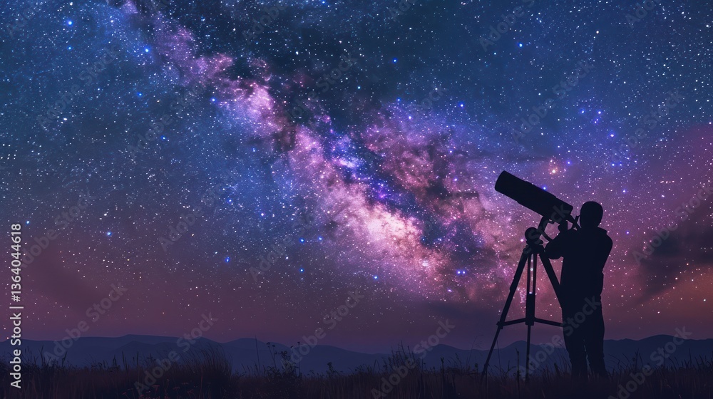 A photographer capturing the Milky Way galaxy in a clear night sky, with a telescope and starry background. A photographer capturing the Milky Way galaxy in a clear night sky, with a telescope and starry background.