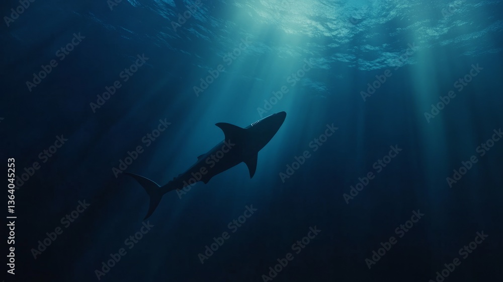 Obraz premium megalodon, shark, swimming, ocean, deep, water, marine, predator, wildlife, aquatic, nature, silhouette, streamlined, graceful, contrast, sea, animal, prehistoric, powerful, hunting, ecosystem, biolog