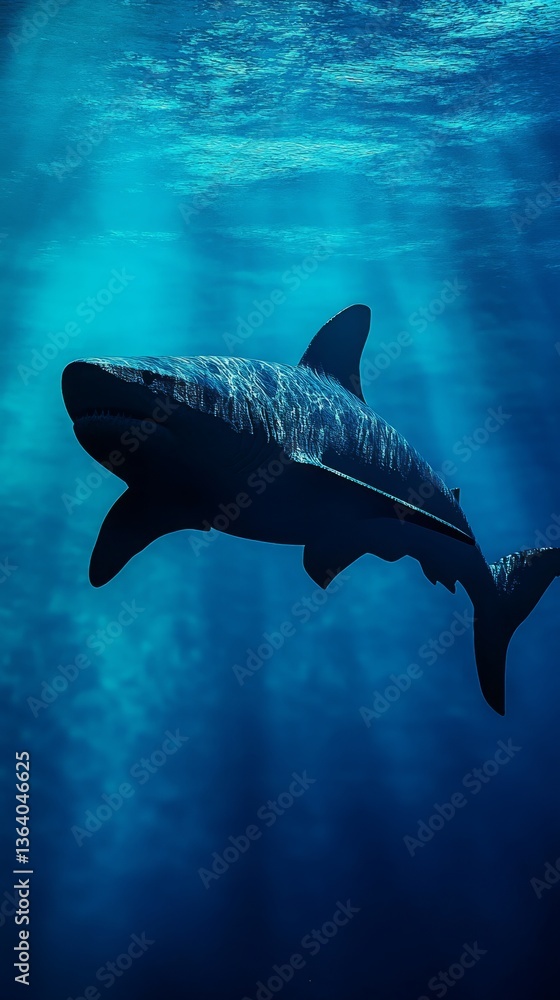 Fototapeta premium megalodon, shark, swimming, ocean, deep, water, marine, predator, wildlife, aquatic, nature, silhouette, streamlined, graceful, contrast, sea, animal, prehistoric, powerful, hunting, ecosystem, biolog