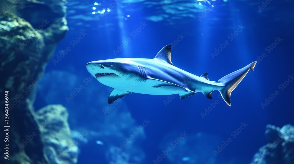 Fototapeta premium megalodon, shark, swimming, ocean, deep, water, marine, predator, wildlife, aquatic, nature, silhouette, streamlined, graceful, contrast, sea, animal, prehistoric, powerful, hunting, ecosystem, biolog