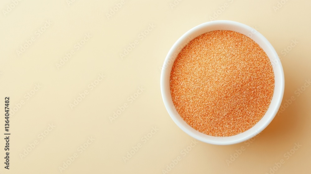 Vibrant Orange Granulated Sugar Poured into White Bowl with Room for Text on Beige Background, Ideal for Culinary, Food Styling, and Dessert Photography