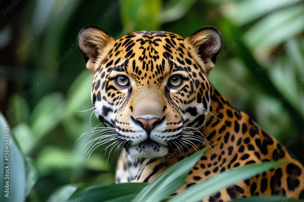 Jaguar in the Jungle with Intense Gaze and Spotted Fur Jaguar in the Jungle with Intense Gaze and Spotted Fur