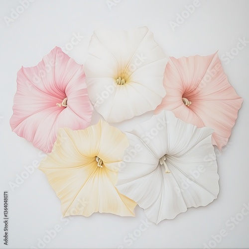 Wallpaper Mural Pastel Flower Arrangement Five Elegant Blooms on a White Background. A beautiful image featuring five stylized pastel flowers in various shades of pink, yellow, and white. Torontodigital.ca