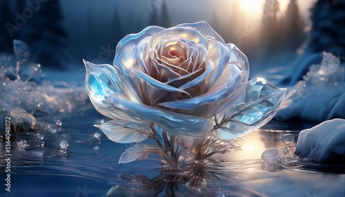 Crystal Rose in a Reflective Ice Garden – Surreal Sparkling Winter Fantasy Art