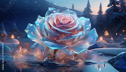 Crystal Rose in a Reflective Ice Garden – Surreal Sparkling Winter Fantasy Art