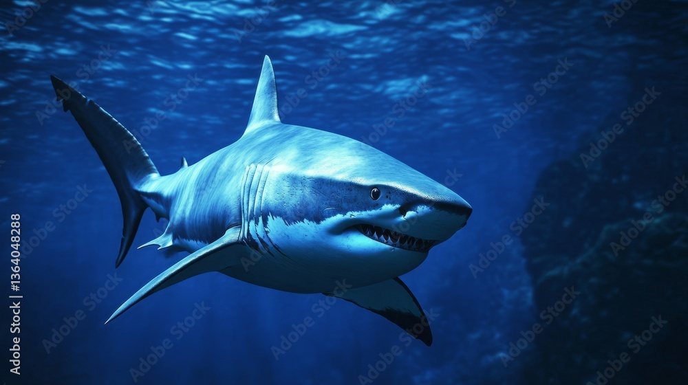 Fototapeta premium Sleek megalodon glides through deep waters, contrasting with a bulky silhouette in the background, embodying elegance and power. 