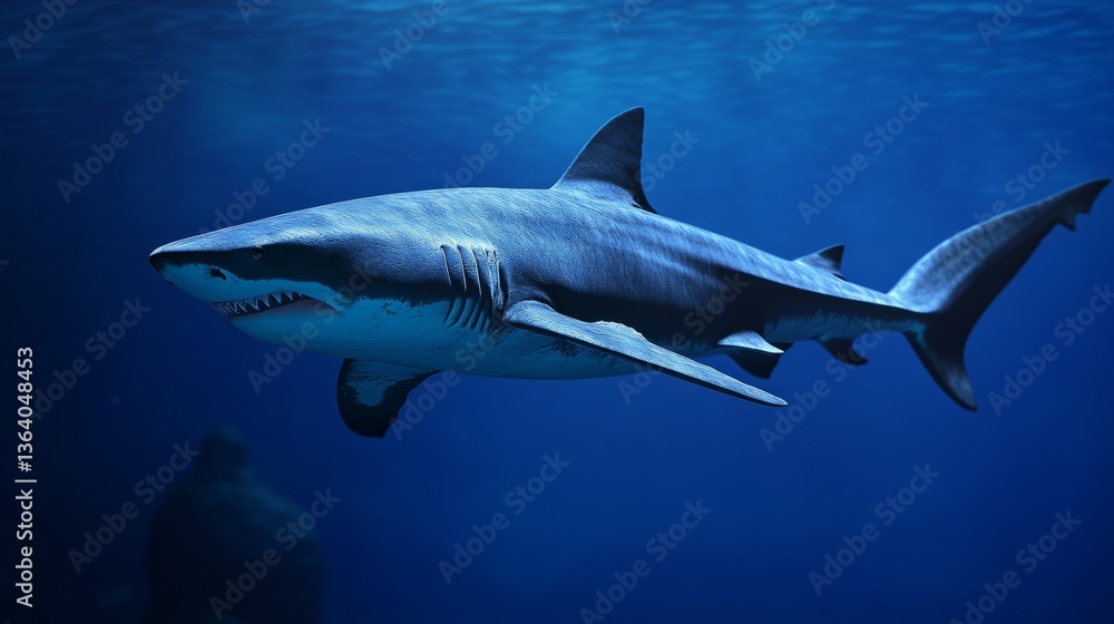 Sleek megalodon glides through deep waters, contrasting with a bulky silhouette in the background, embodying elegance and power.
Sleek megalodon glides through deep waters, contrasting with a bulky silhouette in the background, embodying elegance and power.