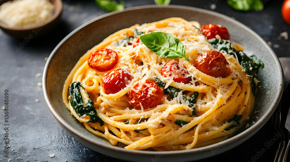 A spinach and roasted tomato pasta with garlic and parmesan cheese. A spinach and roasted tomato pasta with garlic and parmesan cheese.