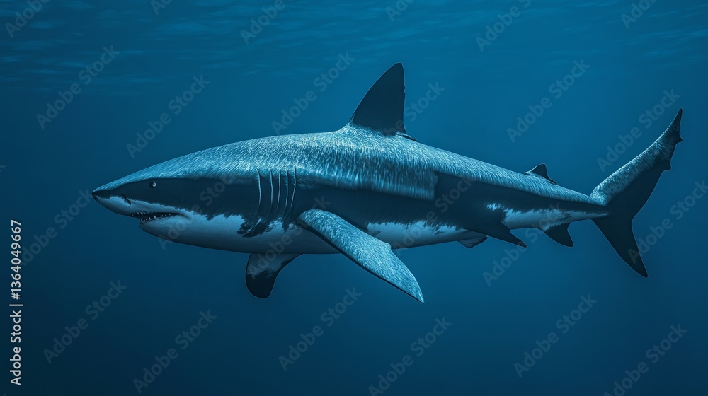 Fototapeta premium Sleek megalodon glides through deep waters, contrasting with a bulky silhouette in the background, embodying elegance and power. 