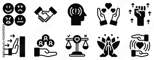 Self Awareness Icon Set Solid Style Collection representing mindfulness personal growth and introspection suitable for mental wellness coaching and self-improvement applications