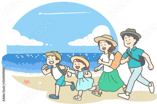 夏の海辺にいる家族のイラスト
