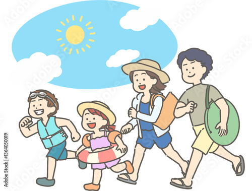 水着姿の夏の家族と青空のイラスト

