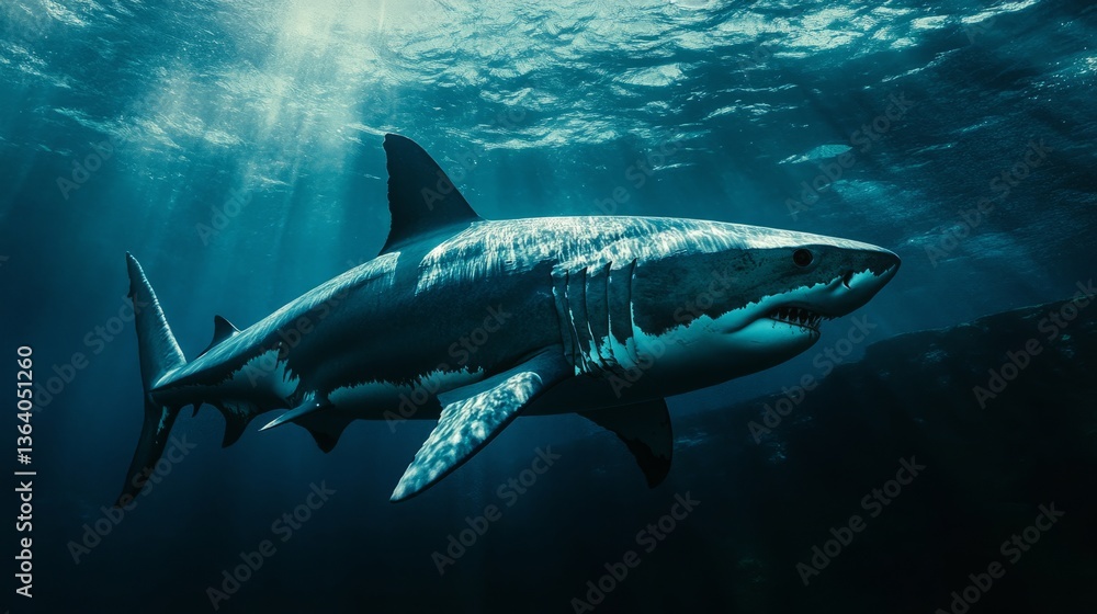 Fototapeta premium Sleek megalodon glides through deep waters, contrasting with a bulky silhouette in the background, embodying elegance and power. 
