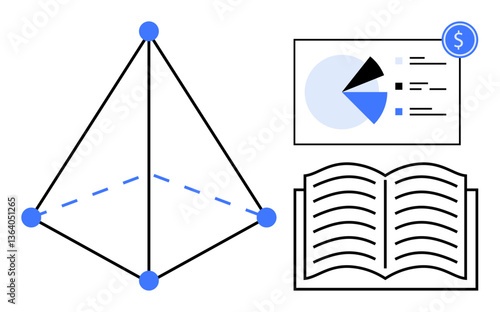 Geometric pyramid diagram beside financial pie chart and open book suggesting learning, analysis, and strategy. Ideal for education, analytics, finance, strategy, organization, research flat simple