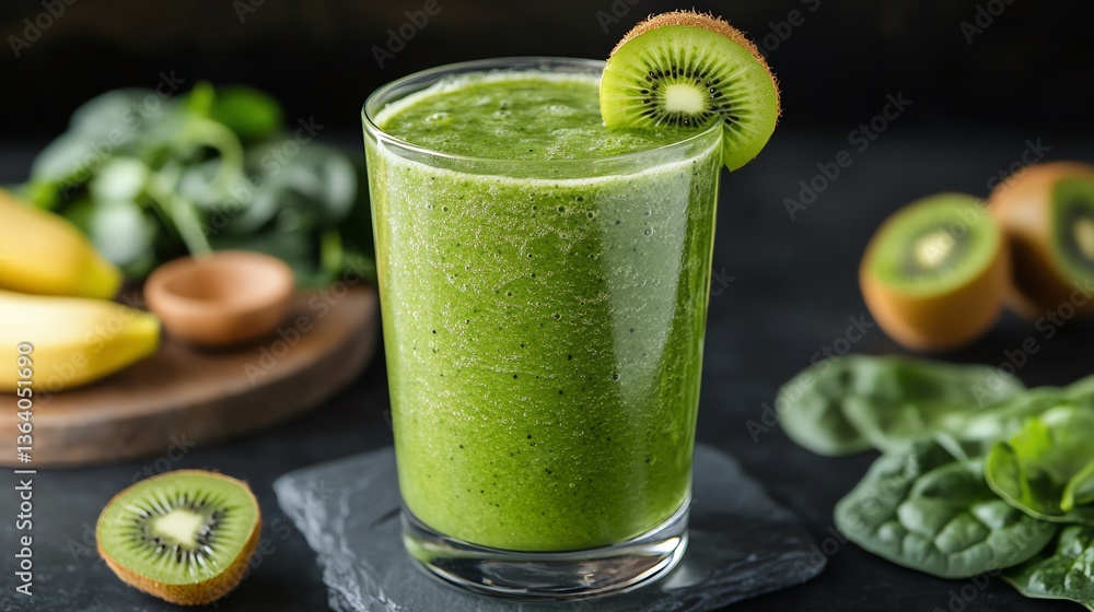 Green Smoothie with Kiwi Slice Refreshing Healthy Drink Concept Green Smoothie with Kiwi Slice Refreshing Healthy Drink Concept