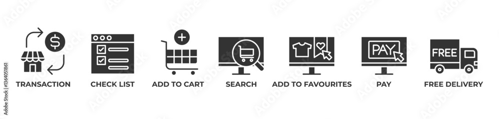 Seamless Shopping Icons set vector illustration with TRANSACTION, CHECK LIST, ADD TO CART, SEARCH, ADD TO FAVOURITES, PAY, FREE DELIVERY Seamless Shopping Icons set vector illustration with TRANSACTION, CHECK LIST, ADD TO CART, SEARCH, ADD TO FAVOURITES, PAY, FREE DELIVERY