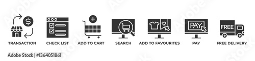 Seamless Shopping Icons set vector illustration with TRANSACTION, CHECK LIST, ADD TO CART, SEARCH, ADD TO FAVOURITES, PAY, FREE DELIVERY