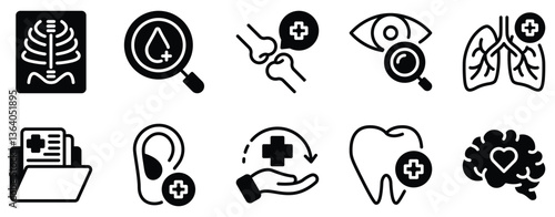 Health Checkup Icon Set Solid Style Collection representing medical examinations and wellness assessments suitable for healthcare clinics insurance and fitness applications