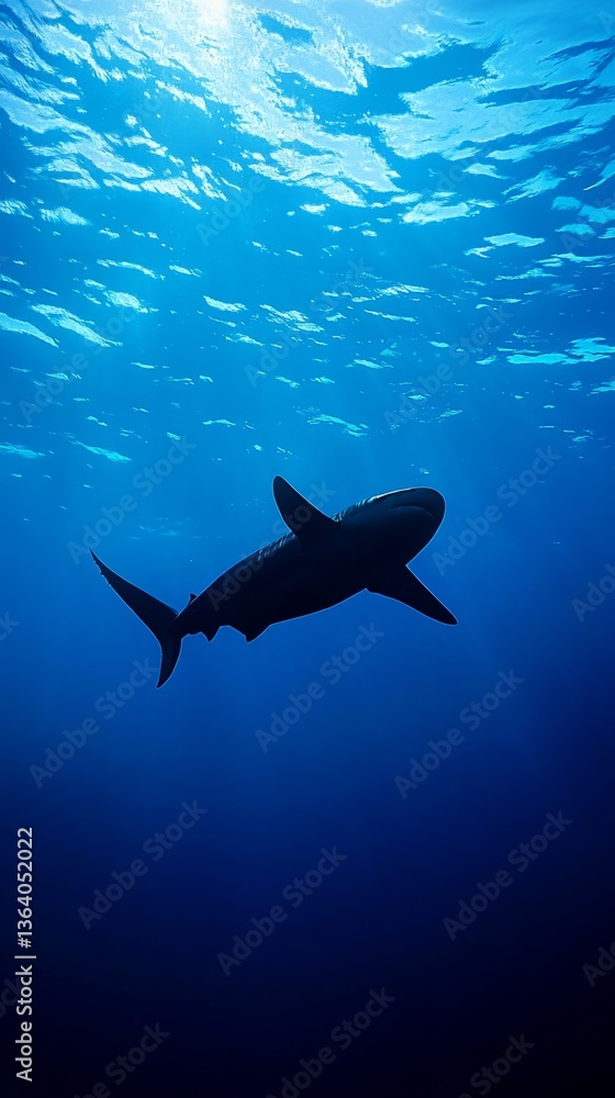 Obraz premium Sleek megalodon glides through deep waters, contrasting with a bulky silhouette in the background, embodying elegance and power. 