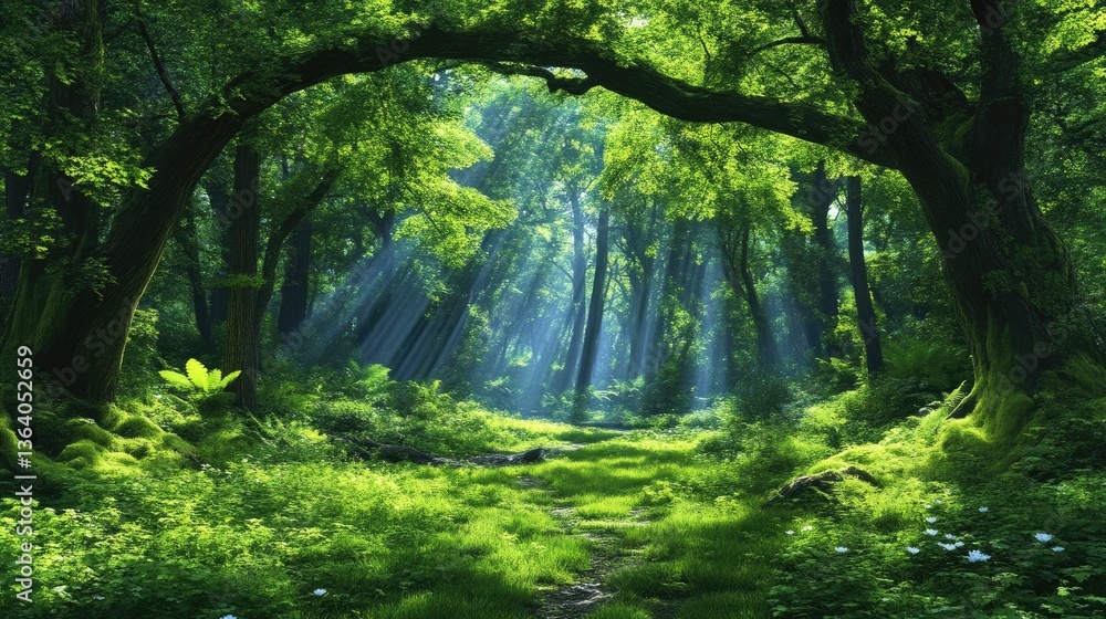 Obraz premium Lush forest path bathed in sunlight