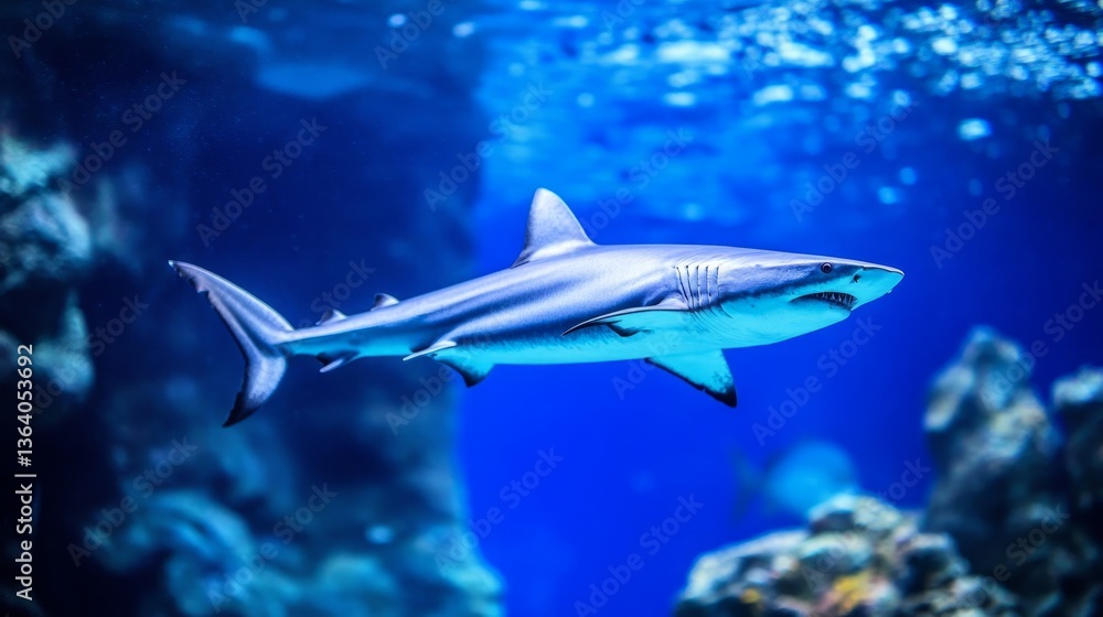 Fototapeta premium Sleek megalodon glides through deep waters, contrasting with a bulky silhouette in the background, embodying elegance and power. 