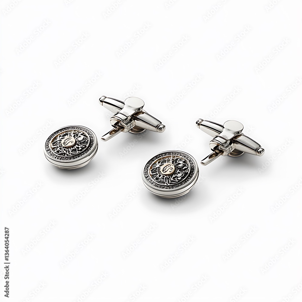 Fototapeta premium Elegant Silver and Gold Cufflinks with Intricate Design Close-up Product Shot.