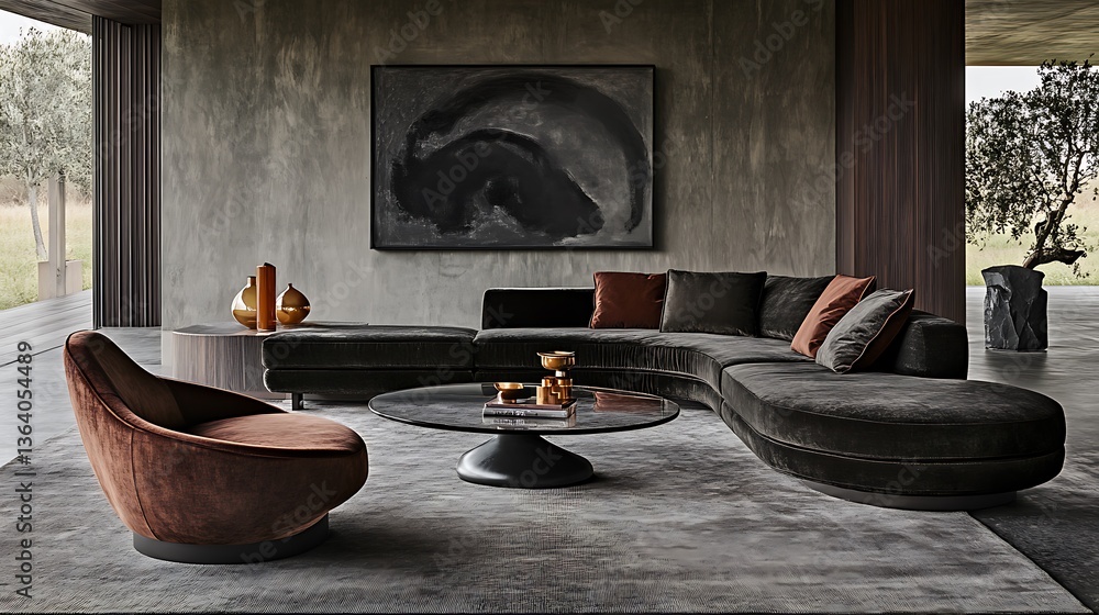 A modern living space featuring contemporary furniture and art A modern living space featuring contemporary furniture and art