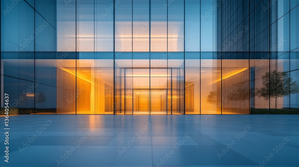 Fototapeta premium A Modern Glass Facade: The architectural marvel, featuring a contemporary glass facade and inviting entrance, bathed in a warm inviting glow.