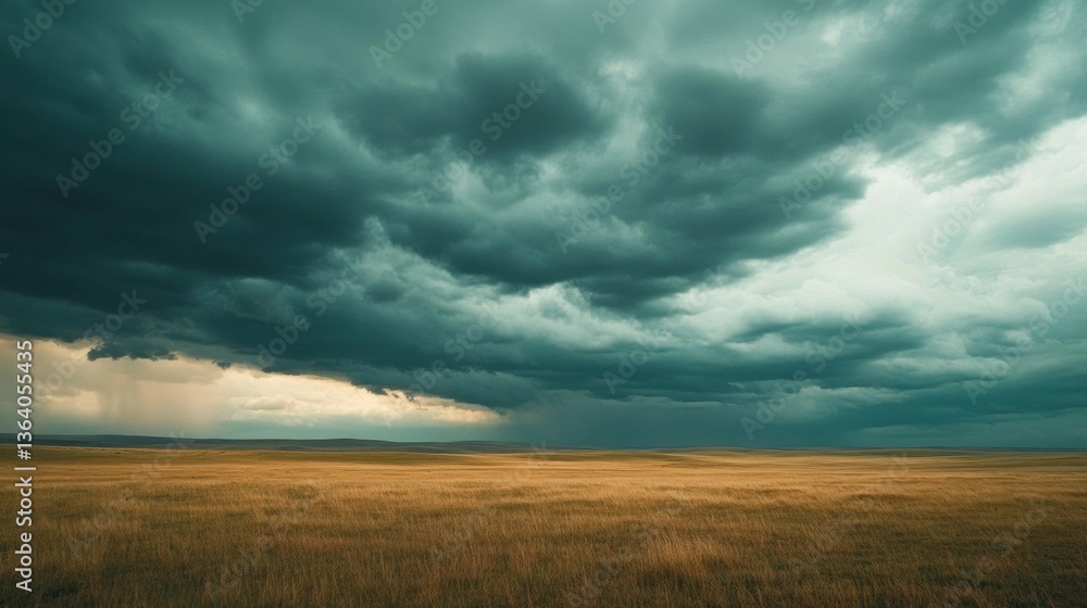 Approaching Storm Over Golden Grassland with Dramatic Cloudy Sky Approaching Storm Over Golden Grassland with Dramatic Cloudy Sky