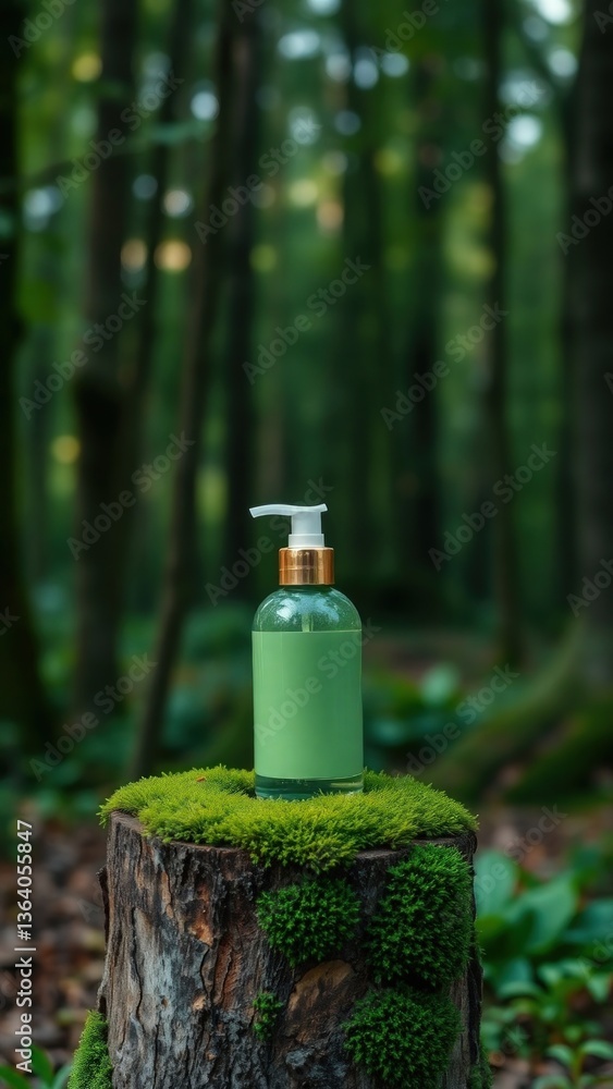 Green moss on a stump on a blurred forest background. Product display. Free space for design and montage. Natural cosmetics concept. Wide banner. Website header. Wildness, ecology, freshness, fresh. Green moss on a stump on a blurred forest background. Product display. Free space for design and montage. Natural cosmetics concept. Wide banner. Website header. Wildness, ecology, freshness, fresh.
