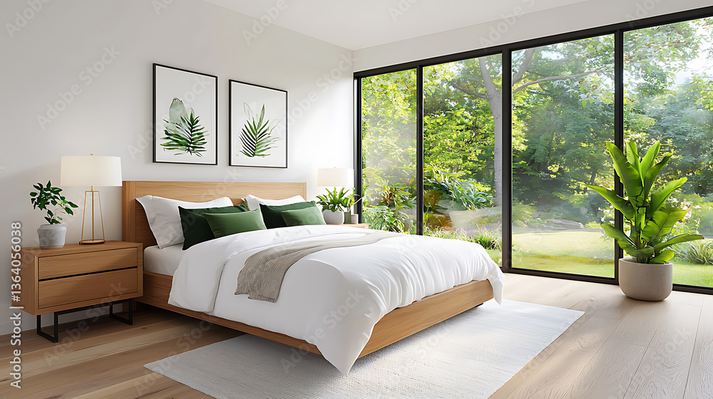 Modern minimalist bedroom design with white bed serene garden view interior decor tranquil home environment bright natural light stylish comfort Modern minimalist bedroom design with white bed serene garden view interior decor tranquil home environment bright natural light stylish comfort