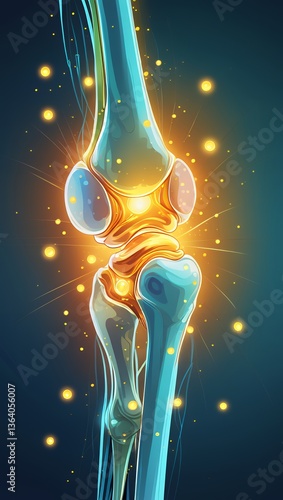 Artistic anatomical illustration of human knee joint, glowing with light