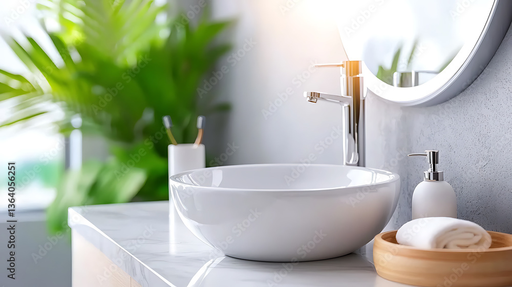 Fototapeta premium Sleek modern bathroom design featuring marble countertop and elegant fixtures serene indoor environment with lush greenery aesthetic viewpoint