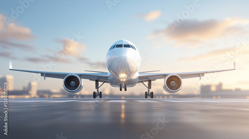 a wide-angle, low view of a passenger plane about to land on a runway with a cityscape in the background under a pastel-colored sky.