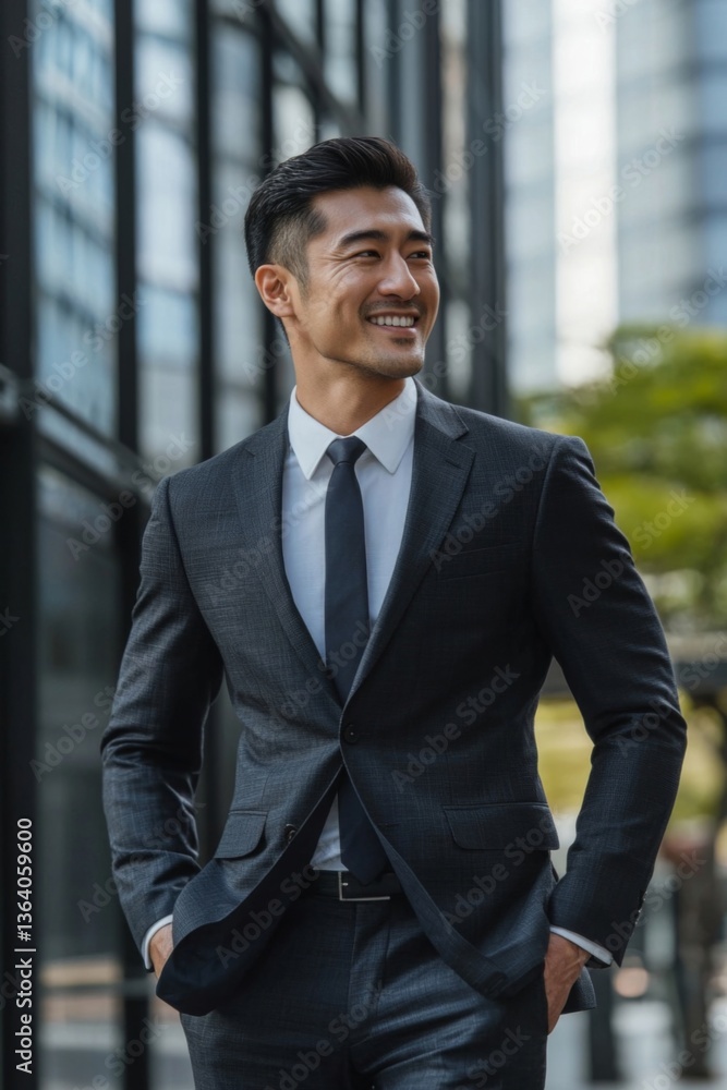 ビジネススーツを着た男性がオフィスビルの前で笑顔を見せる ビジネススーツを着た男性がオフィスビルの前で笑顔を見せる