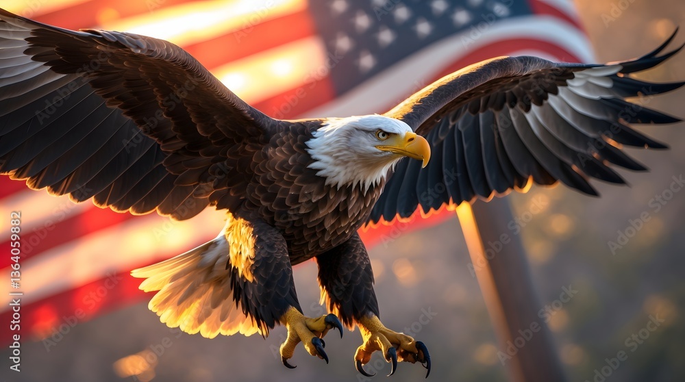 Fototapeta premium Majestic Bald Eagle Soaring Past American Flag
