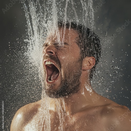 man shouting in shower close-up