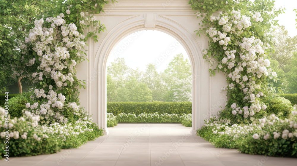 serene garden scene featuring beautiful archway adorned with white flowers, surrounded by lush greenery and neatly trimmed hedges. tranquil atmosphere invites relaxation and contemplation serene garden scene featuring beautiful archway adorned with white flowers, surrounded by lush greenery and neatly trimmed hedges. tranquil atmosphere invites relaxation and contemplation