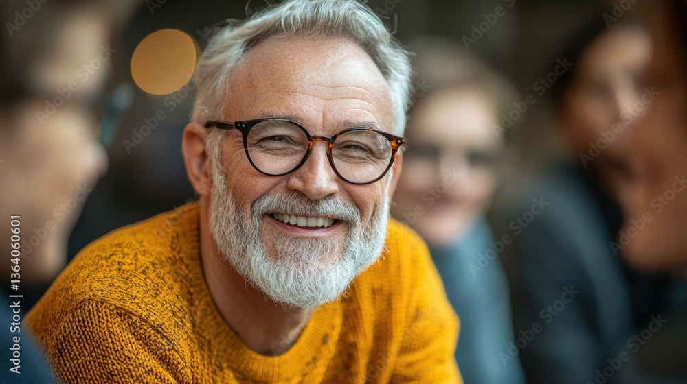 A smiling older man with glasses and a beard, wearing a vibrant orange sweater, engages joyfully in a conversation, surrounded by a warm atmosphere. A smiling older man with glasses and a beard, wearing a vibrant orange sweater, engages joyfully in a conversation, surrounded by a warm atmosphere.