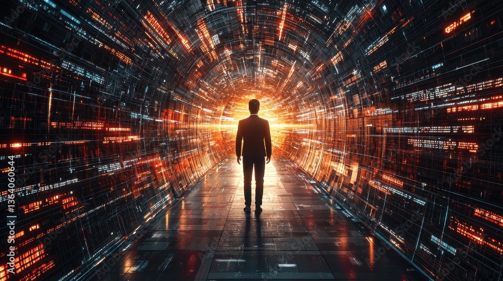 A figure stands in a futuristic tunnel, surrounded by vibrant digital patterns and glowing lights, suggesting a journey into technology and innovation. A figure stands in a futuristic tunnel, surrounded by vibrant digital patterns and glowing lights, suggesting a journey into technology and innovation.