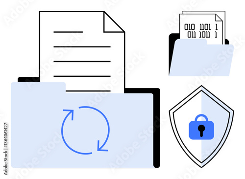 Files being transferred safely between folders with a shield lock icon indicating secure data protection. Ideal for cybersecurity, data management, file sharing, digital security, backup processes