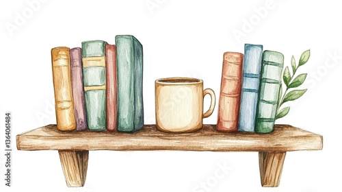 Watercolor painting depicting a shelf with books and a coffee mug