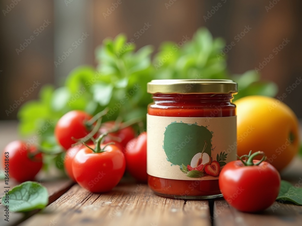 Jar of tomato sauce with fresh tomatoes and basil on a wooden table Jar of tomato sauce with fresh tomatoes and basil on a wooden table