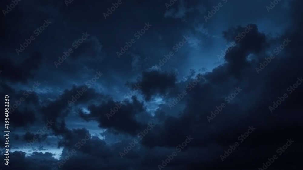 Obraz premium Black blue evening night sky with clouds. Dark dramatic sky background. Before the storm, thunderstorm, rain. Frightening, ominous, moody, creepy atmosphere.
