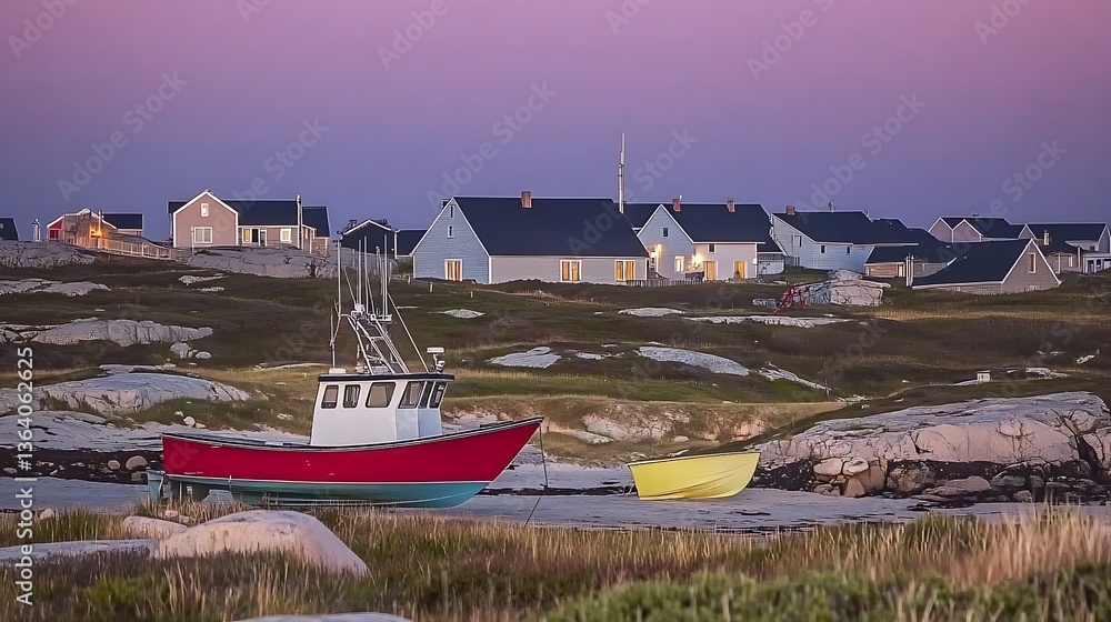 Obraz premium A colorful fishing boat resides in a coastal village scene