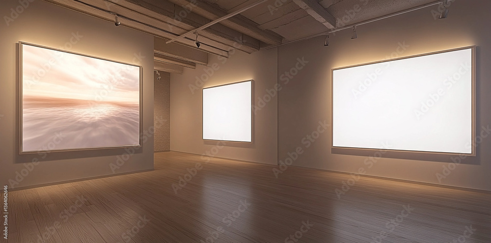 Three large blank white frames hanging on the wall in an art gallery space with wooden floor Three large blank white frames hanging on the wall in an art gallery space with wooden floor