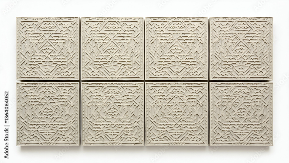 Obraz premium Curate symmetrical tile art layering random tribal details crisp geometric partitions minimal color usage wide white margin. concept as Layered design merges random motifs with crisp geometry. Wide wh