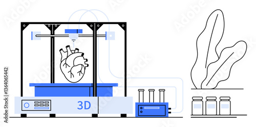 3D printer crafting a human heart model, surrounded by lab tools, test tubes, plants, and biochemistry equipment. Ideal for healthcare, innovation, biotechnology, education sustainability research