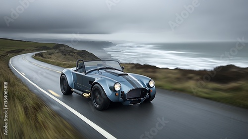 Blue sports car driving on coastal road.